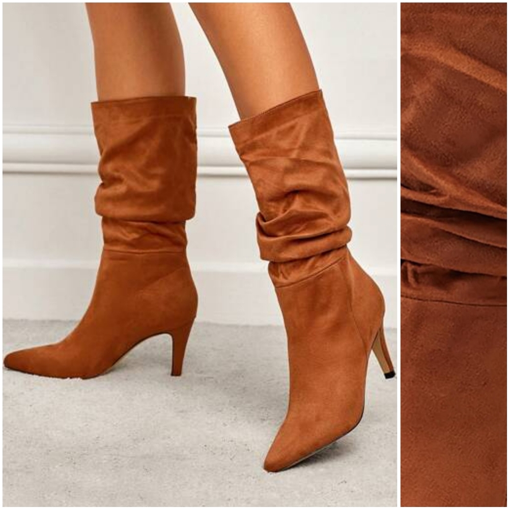 NWOB Newbella Brown Suede Slouchy Pointed Ankle Calf Stilletto Heel Boots 6.5